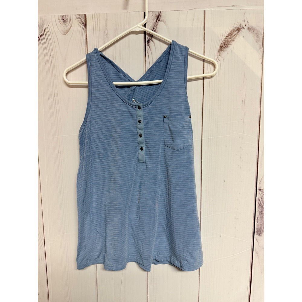 KÜHL Women's Tank Top Small Blue Stripe Crossover Racerback Tencel Stretch